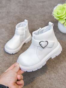 1 Pair Girls' Heart Button Boots, New Spring/Autumn Fashion Buckle Princess Boots, Korean Style Versatile Fashion Ankle Boots - White - View 4