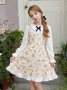 Girls' Dress For 8-12 Years Old, Pastoral Ditsy Floral 2 In 1 Dress, Peter Pan Collar, Long Sleeve, Patchwork Waist, A-Line, Birthday, Outing, Autumn Outfit, Bow Decor, Invisible Zipper - White - View 5