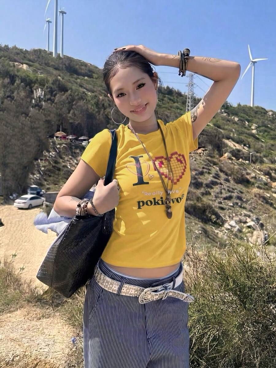 美式街頭風女款正方形肩線短版上衣 夏季愛心印花短袖修身顯身材性感短版 T-shirt 黃色 - 黃色 - 查看 1