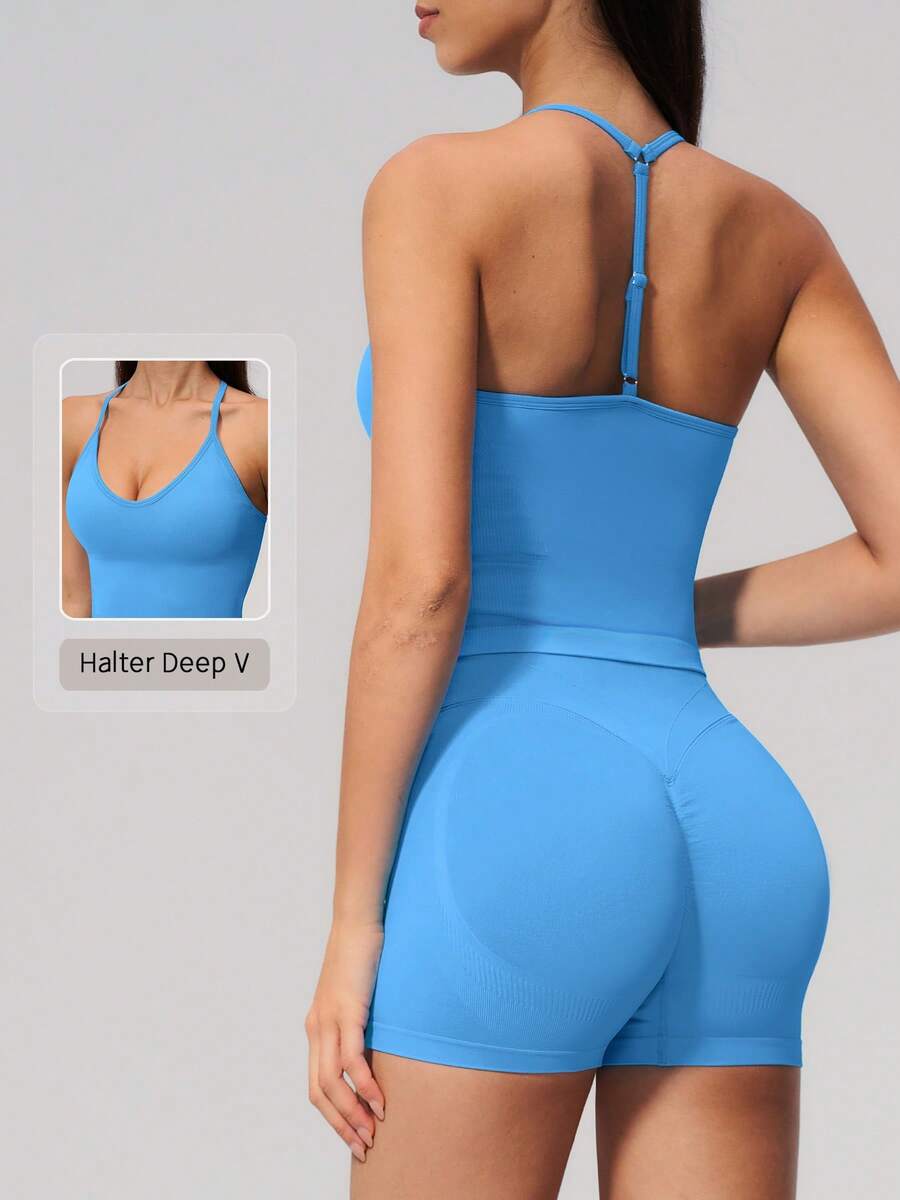 NcmRyu Conjunto deportivo de mujer de un solo color con top corto de cuello en U y espalda de nadadora, cintura acanalada y pantalones largos de pierna ancha - Azul - Ver 1