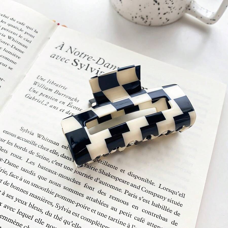 Plaid Print Hollow Hair Clip, Sturdy Hair Claw, Women's Vintage Hair Accessory, Suitable For Daily Casual Hairstyles And Updos - Black and White - View 1