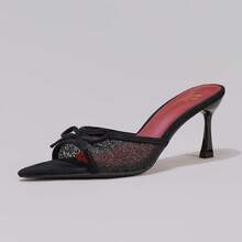 時尚蕾絲刺繡高跟鞋，蝴蝶結裝飾，性感尖頭露趾晚宴派對鞋，細跟超高跟黑色半包後跟女鞋 - 黑色 - 查看 18