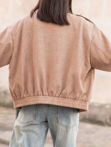 Middle-Aged Women Camel Faux Suede Lapel Jacket, Loose Drop Shoulder Short Casual Spring/Autumn Versatile Top - Camel - View 2