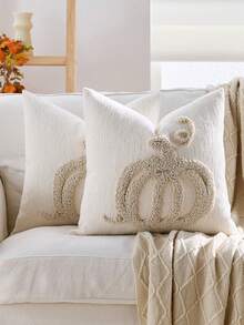 1pc/2pcs Halloween Throw Pillow Covers 18x18 Inch Halloween White Ghosts Embroidered Pillow Cases Thanksgiving Home Party Fall Decor Pillowcases Square Cushion Covers - Beige - View 1