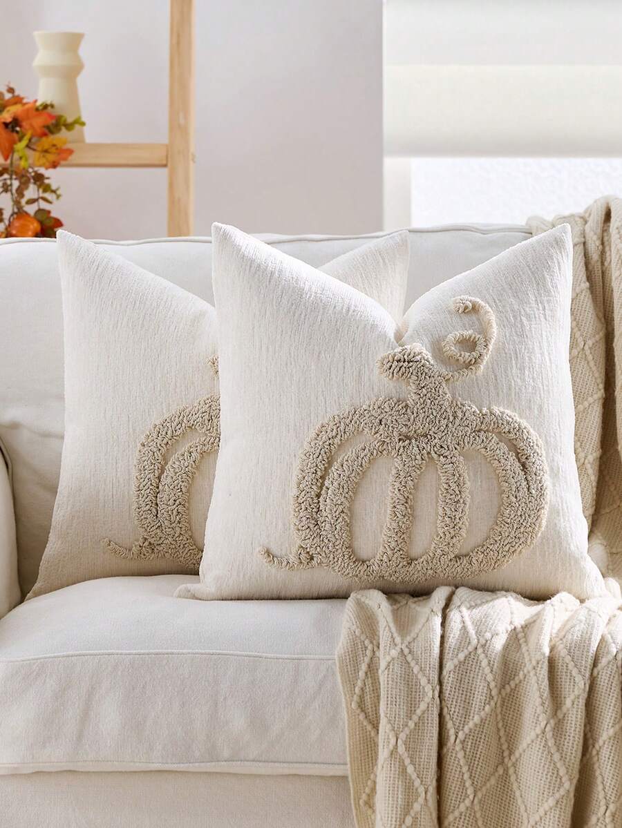 1pc/2pcs Halloween Throw Pillow Covers 18x18 Inch Halloween White Ghosts Embroidered Pillow Cases Thanksgiving Home Party Fall Decor Pillowcases Square Cushion Covers - Beige - View 1