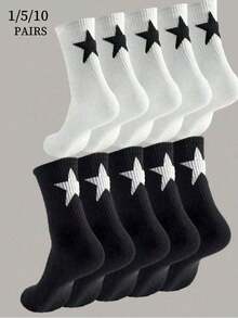 1/5/10 Pairs Personalized Street Style Black & White Five-Pointed Star Casual Minimalist Fashion Versatile Mid-Calf Socks Couple Mid-Length Socks - Black and White - View 2