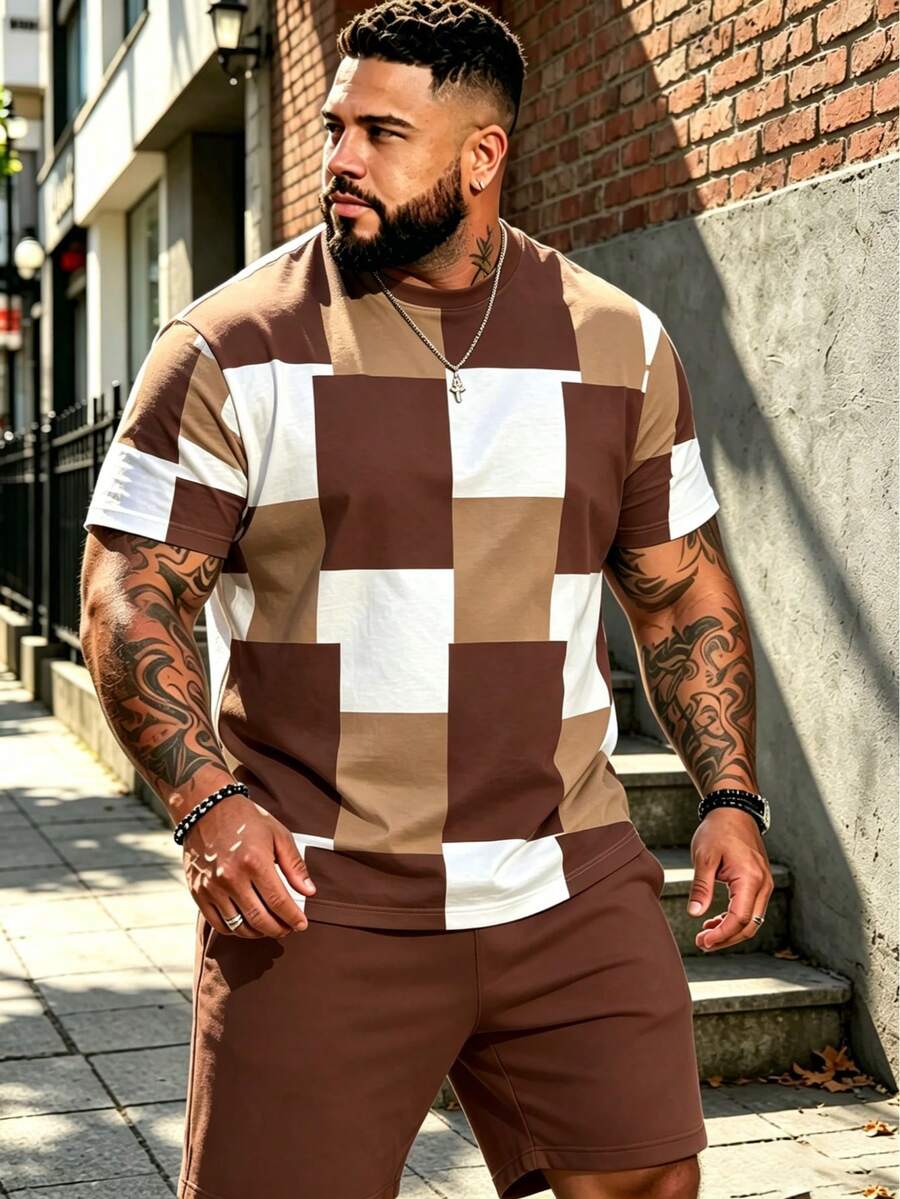 Conjunto de 2 piezas talla grande, bloque de color marrón café e marfil, parte superior con parche + shorts a juego, conjunto casual de verano deportivo de estilo vintage relajado - Marrón - Ver 1