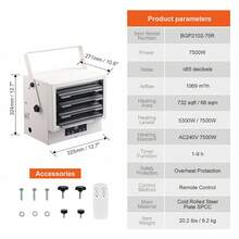 Electric Garage Heater, 7500W, Digital, With Fan, For Wall Or Ceiling Mounting, With Remote Control And Overheat Protection, Wired With 9-Hour Timer - White - View 11