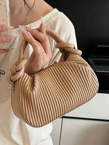 Fashion Solid Color Vertical Pleated Woven Mini Handbag, PU Material Knotted Handle, With Detachable Crossbody Strap, Minimalist Elegant Daily Shoulder Bag, Suitable For Career Women And Minimalist Enthusiasts, Perfect For Daily Commute, Coffee Dates, Weekend Shopping And City Leisure Walks. - Khaki - View 2
