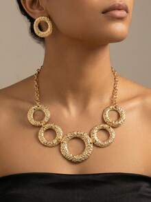 2 Sets New Creative Fashion Elegant Geometric Hollow Circle Large Bib Necklace & Stud Earrings Set, European & American Exaggerated Statement Necklace, Suitable For Casual, Party, Runway And Other Occasions - Yellow Gold - View 1