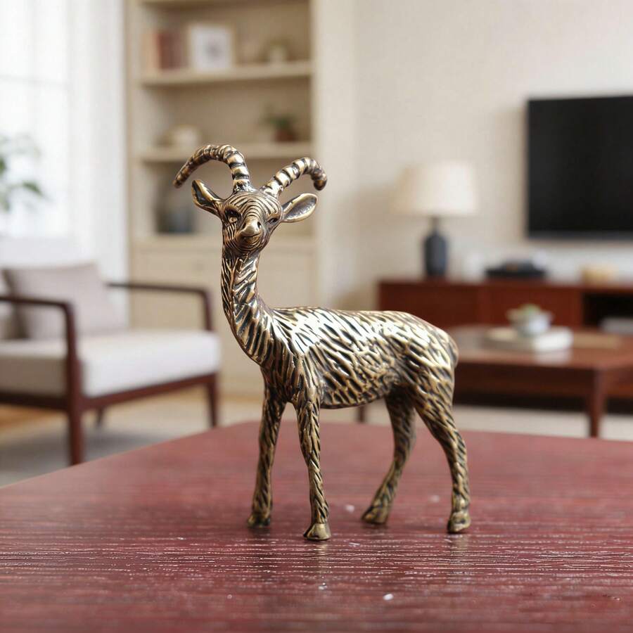 Vintage Brass Small Goat Figurine, Lucky Antelope Home Decor, Solid Antelope Goat Antique Ornament, Desktop Tea Pet Craft Decoration, Desktop Auspicious Mascot Decor, Suitable For Desk And Home Decoration - Brass - View 1