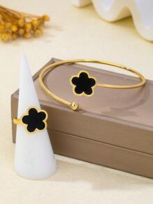 2er/Set eleganter Vierblattkleeblatt-Stil schwarzer Fünfblattkleeblatt-Blumen Damen offener Armreif & offener Ring, geeignet für Urlaubsgeschenke und Alltag-Outfit - Schwarz - Übersicht 3