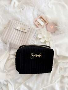 Personalized Name Cosmetic Bag, Customized Quilted Velvet Toiletry Bag, Bridesmaid Gift, Wedding Favor, Women's Birthday Gift, Makeup Pouch - Multicolor - View 5