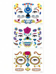 Pegatinas de Tatuaje Temporal de Calavera de Azúcar del Día de los Muertos para la Cara, 3 piezas, Calcomanías de Transferencia de Esqueleto Catrina Floral Colorido para Mejilla y Frente, Resistentes al Agua y al Sudor, Amigables con la Piel, Estética Vibrante, para Cosplay, Halloween, Accesorios de Festival - Multicolor - Ver 6