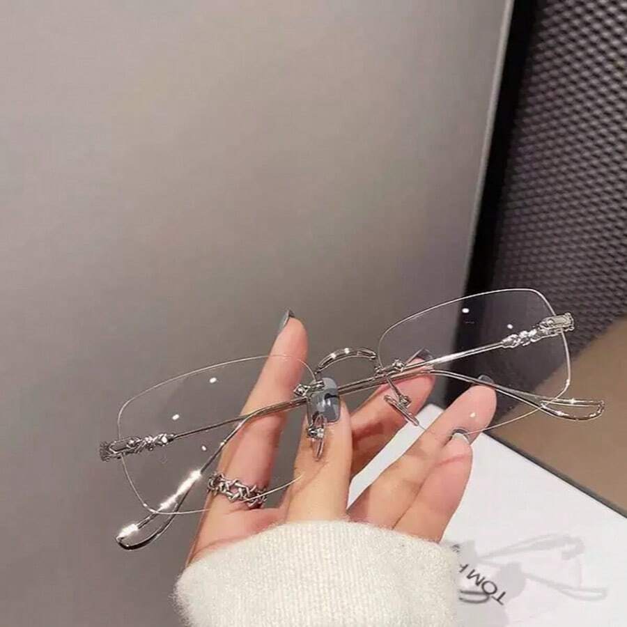 1PC Metal Rimless Rectangular Small Frame Glasses, Daily Commute Minimalist Sexy Elegant Sophisticated Style, Casual Versatile Unisex Minimalist Classic Fashion Plain Lens , Ultra Lightweight Comfortable Wear - Silver - View 1