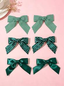6pcs Girls Minimalist Multi-Color Polka Dot Plaid Bow Hair Clips For Ponytail, Everyday Versatile - Green - View 1
