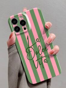 1 pieza Funda rígida de cobertura completa para teléfono con película brillante perforada, patrón de rayas de dos colores y eslogan en inglés, estilo minimalista, apta para iPhone 11/12/13/14/15/16 Pro Max - Multicolor - Ver 1
