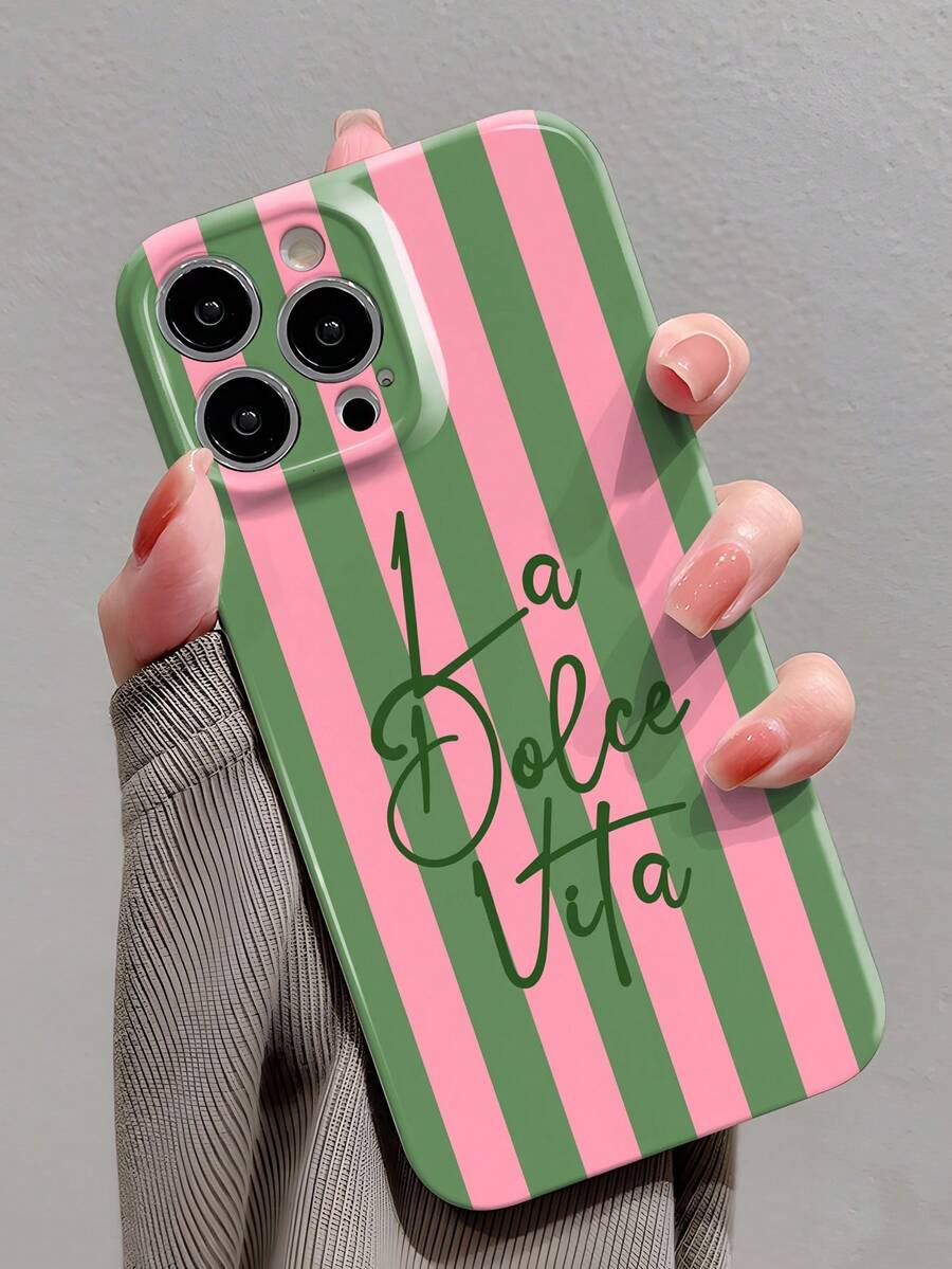 1 pieza Funda rígida de cobertura completa para teléfono con película brillante perforada, patrón de rayas de dos colores y eslogan en inglés, estilo minimalista, apta para iPhone 11/12/13/14/15/16 Pro Max - Multicolor - Ver 1