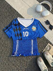 Camiseta casual de mujer con cuello en V, fruncida, con borde de lechuga y dobladillo ajustado, estilo jersey de Argentina, para atuendos de verano, top lindo para salir, Y2K - Azul oscuro - Ver 9