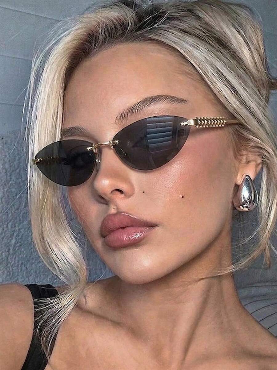1 Pair Women's Cat Eye Rimless Premium Metal Thin Frame Street Style ...