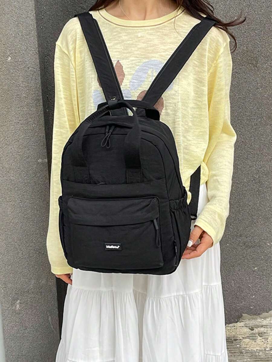 Fashionable Versatile Solid Color Nylon Fabric Student Backpack, Women's Mini Water-Resistant Campus Daily Backpack, Suitable For High School And College Students, Compact Travel Shoulder Bag, Waterproof Business Commute Backpack, Multi-Pocket Functional Backpack, Back To School Essential, Student University Bag