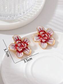 1 Pasang Anting Tusuk Minimalis Motif Bunga Tetes Minyak untuk Wanita, Cocok untuk Pemakaian Sehari-hari - Red and White - View 5