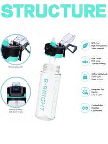 1pc 750ml/26oz New Outdoor Camping Spray Water Bottle, Hidden Handle Design, Large Capacity Dual Drinking Cup, Back To School, First Day Of School - Multicolor - View 5