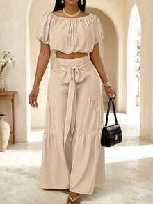 Conjunto de dos piezas para mujer de primavera/verano con top de manga corta de unicolor + pantalones largos con lazo en la cintura, ajuste ceñido sin elasticidad, elegante - Albaricoque - Ver 3