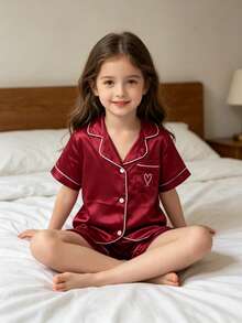 Burgundy Heart Embroidery Children's Pajama Set, Girls' Short Sleeve Loungewear 2 Pieces Set - Burgundy - View 1