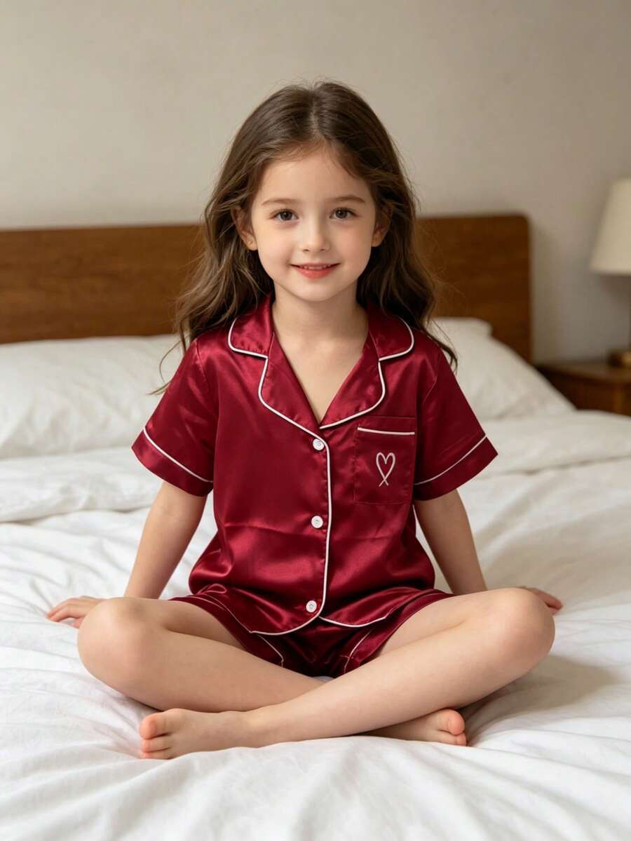 Burgundy Heart Embroidery Children's Pajama Set, Girls' Short Sleeve Loungewear 2 Pieces Set - Burgundy - View 1