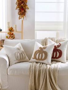 1pc/2pcs Halloween Throw Pillow Covers 18x18 Inch Halloween White Ghosts Embroidered Pillow Cases Thanksgiving Home Party Fall Decor Pillowcases Square Cushion Covers - Beige - View 4