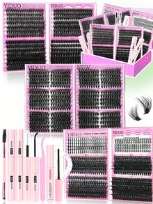 YIDUO 3 Boxes 1686pcs Mixed Cluster Eyelash Extension Set, Fine Large Curl And Lower Lash Volumizing Soft Faux Mink Single Lash, Includes 2x Adhesive, Sealer And Remover, Suitable For Beginner Women Daily Makeup Gift - Multicolor - View 1