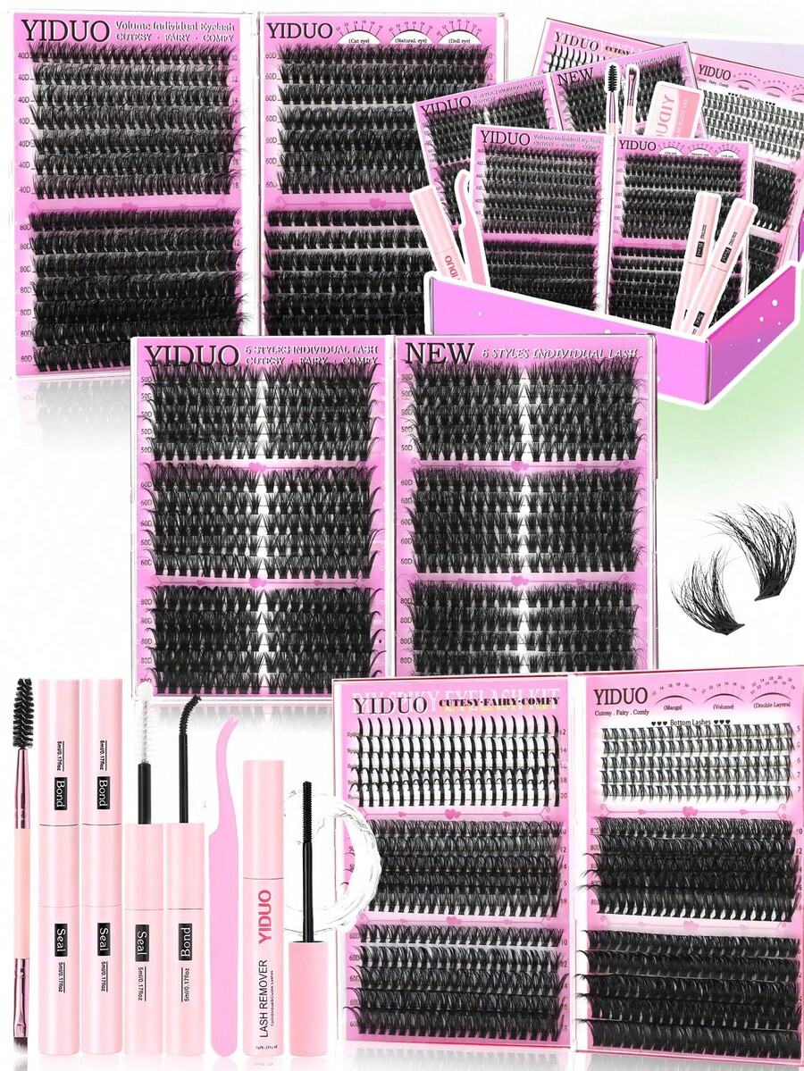 YIDUO 3 Boxes 1686pcs Mixed Cluster Eyelash Extension Set, Fine Large Curl And Lower Lash Volumizing Soft Faux Mink Single Lash, Includes 2x Adhesive, Sealer And Remover, Suitable For Beginner Women Daily Makeup Gift - Multicolor - View 1