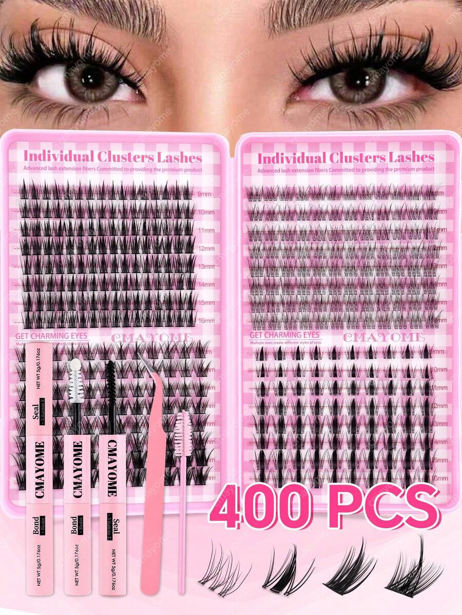 400簇 C捲度 3D仿貂毛接睫毛套組，含睫毛膠、密封劑、刷子、鑷子，蓬鬆柔軟短款輕盈DIY居家化妝睫毛，大容量高品質低價新品