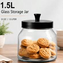 Airtight Glass Storage Jar 1.5 Liter, Black Metal Lid Clear Glass Canister, Large Food Container For Cookies Snacks Rice Spices, Kitchen Counter Pantry Organizer - View 2