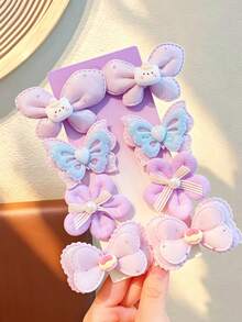 Juego de 8 piezas de pinzas para el cabello con lazo de tela color lavanda púrpura, pinzas para el cabello con diseños de conejo de dibujos animados, corazón, mariposa, perla y flor, accesorios para el cabello de color macaron dulce para niñas - Multicolor - Ver 4