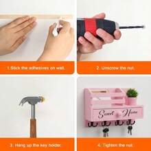 Sweet Home-Like Wood Key & Mail Organizer - Rustic Black Key Holder With Storage Drawer & 8 Hooks, Easy Peel-And-Stick Adhesive Wall Mount For Entryway, Hallway, Mudroom - Wood Cabinet-Free System - Pink - View 7