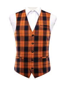 Men's Casual Plaid Button Vest - Burnt Orange - View 3