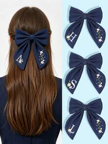 1PC Girls 26 Letter Embroidery Hair Clip,Back To School NavyBlur Hair Bow Cute Flower Hairpin For Daily,Party,Performances,Sweet Hair Accessory - Navy Blue - View 1