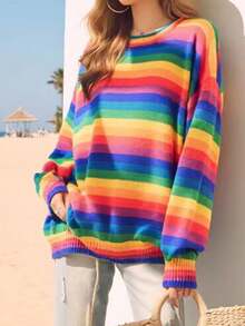 Women's Plus Size Rainbow Stripe Knit Sweater - Round Neck Long Sleeve Loose Fit Pullover For Fall Winter Casual Chic Streetwear - Multicolor - View 4
