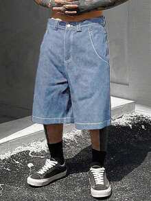 Teens/Youth Black Denim Shorts With White Graffiti Details, Oversized Streetwear Style - Baby Blue - View 2