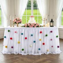 1 buah Rok Meja Tulle Putih dengan Pom Pom Warna-warni dan Pengikat Velcro, Cocok untuk Dekorasi Pesta Ulang Tahun, Pernikahan, dan Acara Baby Shower - Taplak meja jala pom-pom putih - View 5