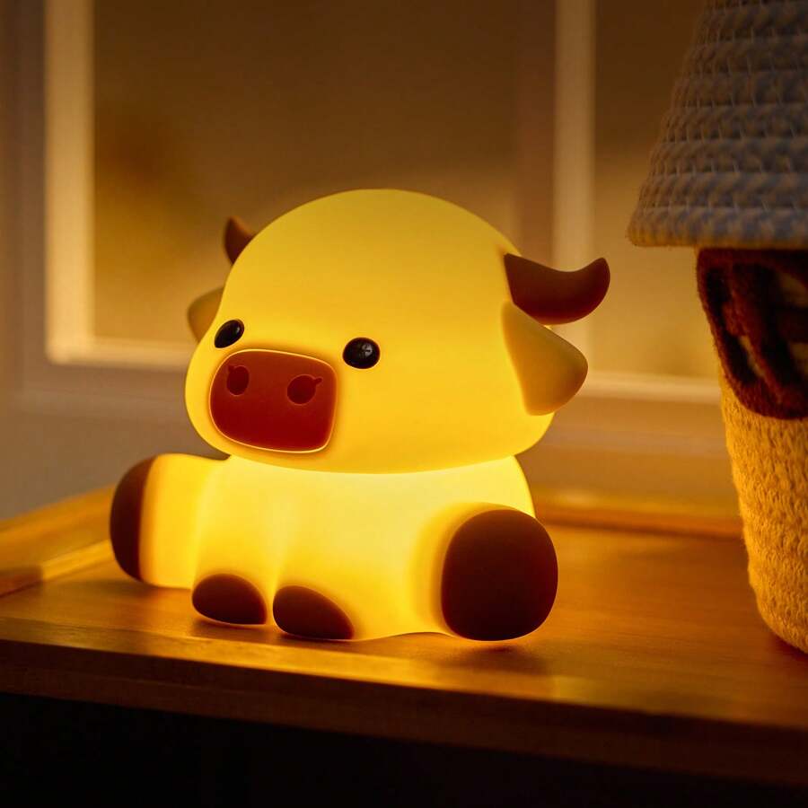 GLOOPRO Night Light In The Shape Of A Highland Cow, Nursery Decorative Light, Soft Silicone, 3-Level Dimming, Perfect Sleep Companion, Bedroom Night Light, Touch-Sensitive, USB-Rechargeable, Auto Shut-Off After 30 Minutes, Children's Holiday Gift
