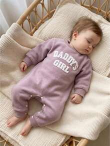 Baby Girls Jumpsuit, Long Sleeve Crew Neck Embroidery Letters Casual Romper Clothes - Purple - View 1