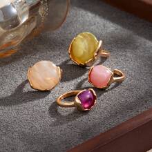 European And American Cross-Border Fashion Ins Colorful Gemstone Inlaid Ring, Vintage Round Gradient Resin Open Stackable Ring - Gold - View 7