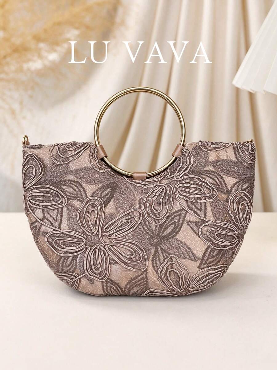 LUVAVA Gold Rope Embroidered Crescent Bag, Round Metal Handle, Hollow Floral Texture, Detachable Chain, Luxury Style, Suitable For Wedding/Afternoon Tea/Evening Party/Outdoor - Dusty Pink - View 1