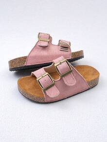 1 Pair Girls' Pink Solid Color Vintage Distressed Metal Double Buckle Decor Soft Cork Sole Non-Slip Breathable Open Toe Low-Top Double Adjustable Buckle Strap Flat Sole Casual Sandals For Home, Summer Outings, Back To School - Pink - View 6