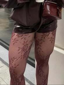 Vintage Floral Wine Red Sexy Fishnet Stockings, Thin Hot Girl Colorful Pantyhose - Burgundy - View 2