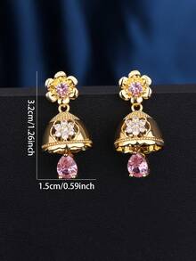 1 Pair Exquisite Elegant Jhumka Copper Zirconia Flower Earrings, Gold Fashion Bell Earrings With Pink Teardrop Sparkling Rhinestones Jhumki, Suitable For Girls, Women Daily, Festival, Wedding And Party Wear/Jewelry Gift - Classic - View 3