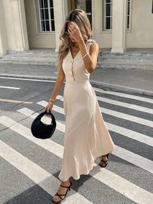 Vestido elegante blanco sin mangas para mujer, vestido largo de verano con decoración de lazo en los hombros y cintura en línea A, vestido casual de graduación y noche para brunch y - Albaricoque - Ver 1